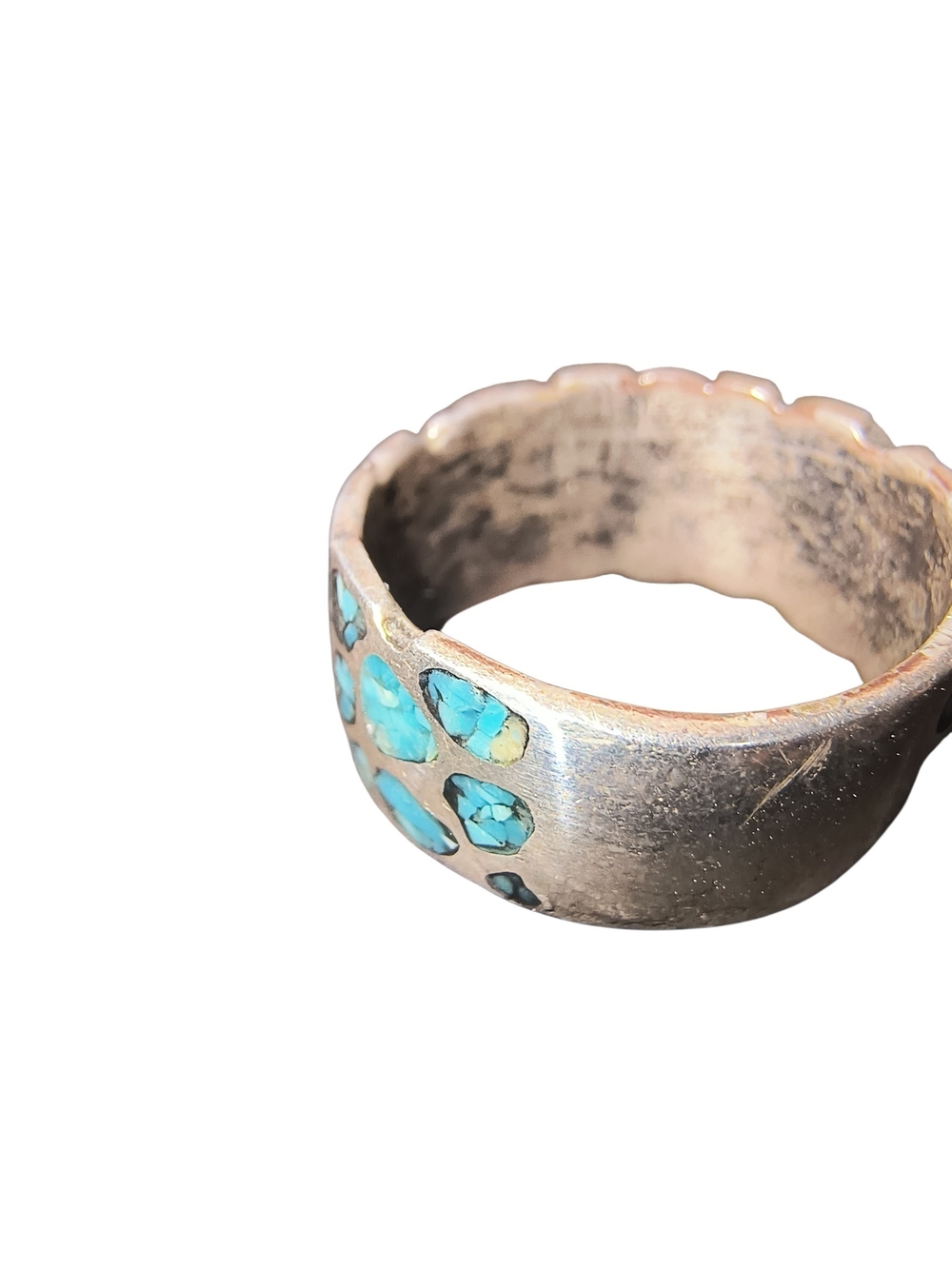 Turquoise Chip Inlay Sterling Silver Wide Band Ring - Picture 3 of 10